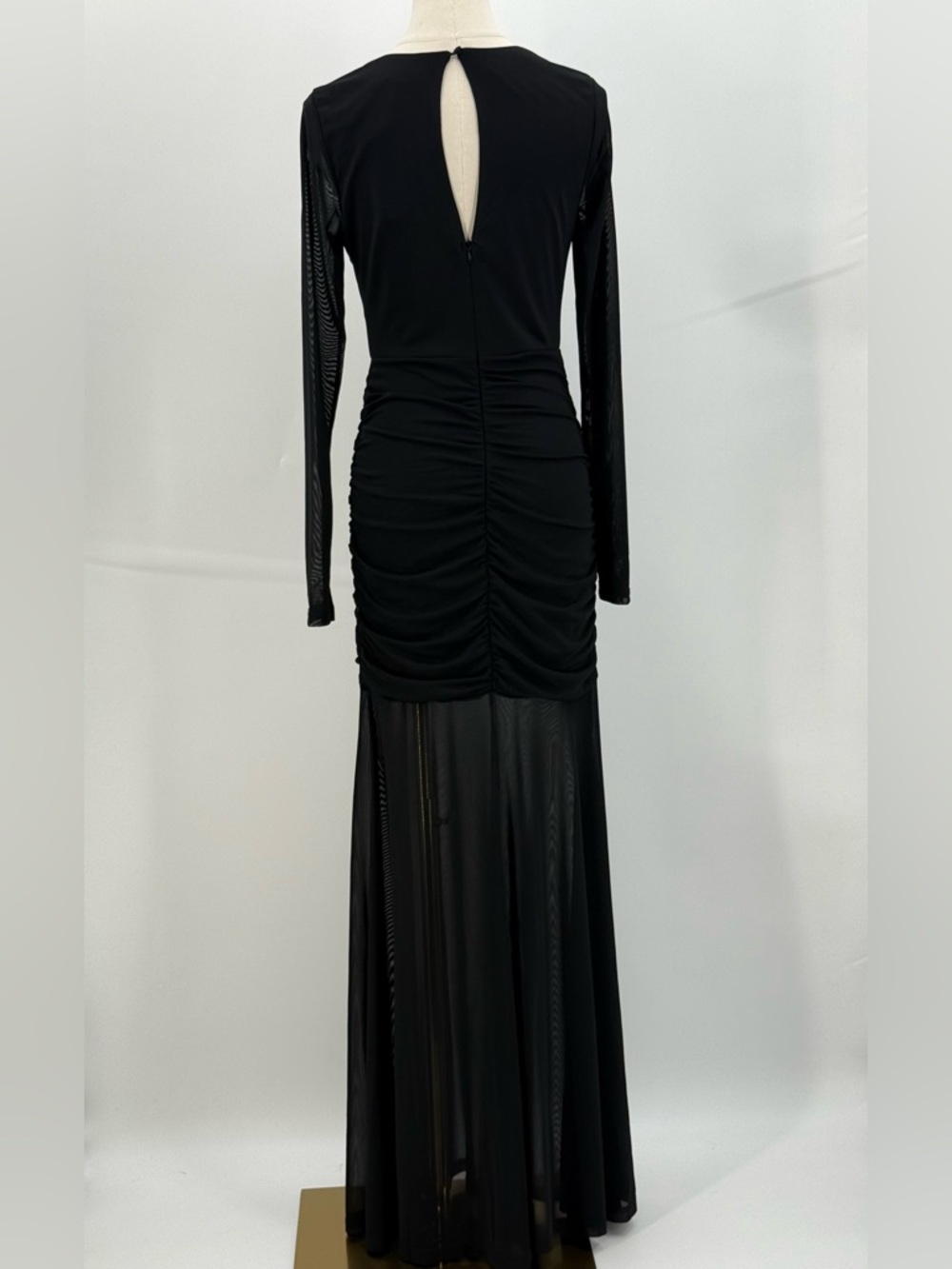Lulus Vibrant Poise Black Mesh Ruched Maxi Dress Long Sleeve Sheer Hem Bodycon - Picture 10 of 15